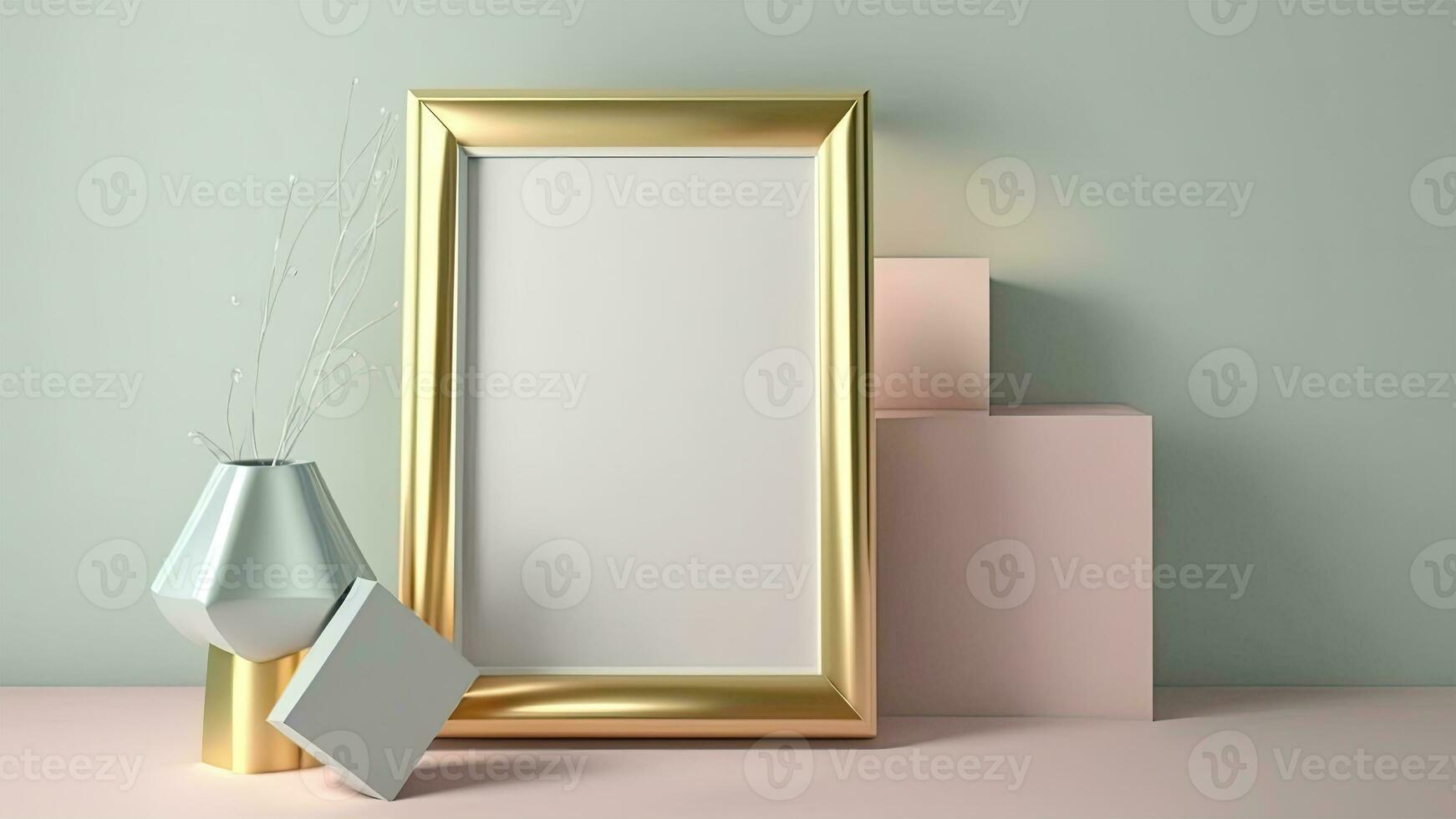 3d hacer de blanco dorado rectángulo marco, planta maceta y geométrico maquetas foto