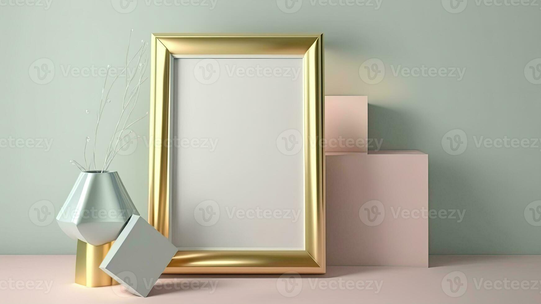 3D Render of Blank Golden Rectangle Frame, Plant Pot And Geometric Mockups. photo