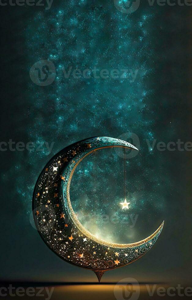 3D Render of Shiny Crescent Moon Decorated With Stars On Grunge Night Background. Islamic Religious Concept. photo