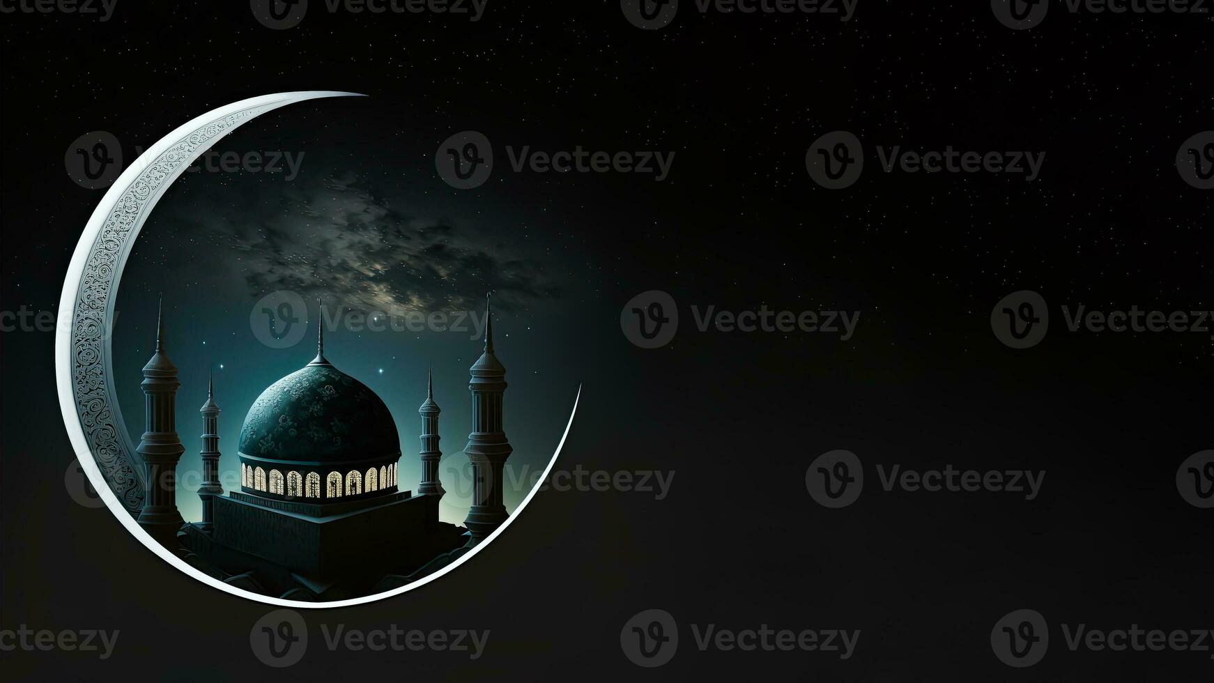3D Render of Crescent Moon With Beautiful Mosque On Night Background. Islamic Religious Concept. photo