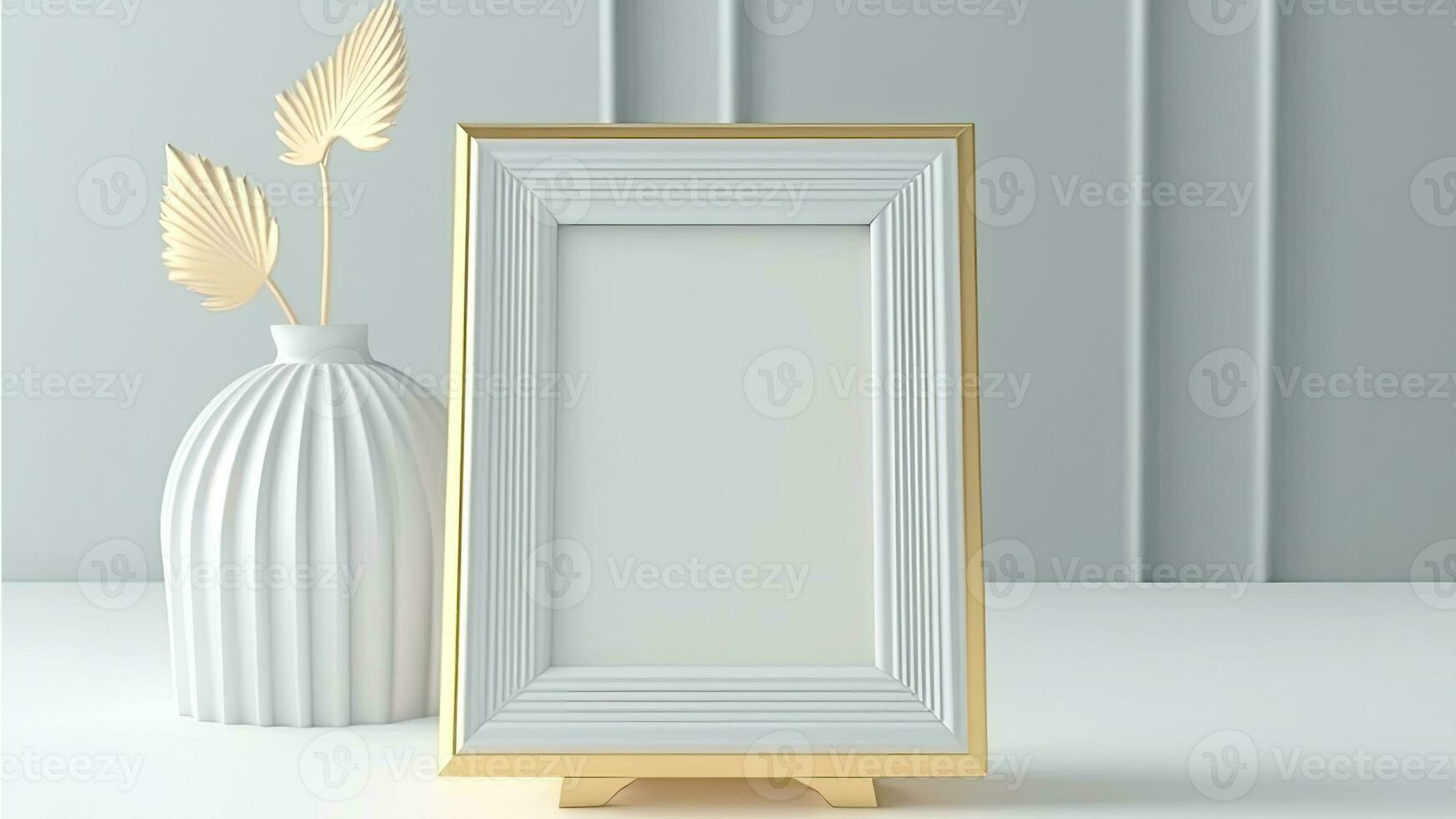 3D Render of Photo Frame Mockup With Image Placeholder, Plant Pot On Interior Design.