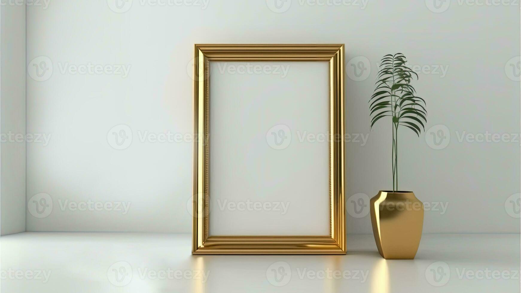 3D Render of Golden Rectangle Frame With Image Placeholder And Plant Pot On Interior Mockup. photo