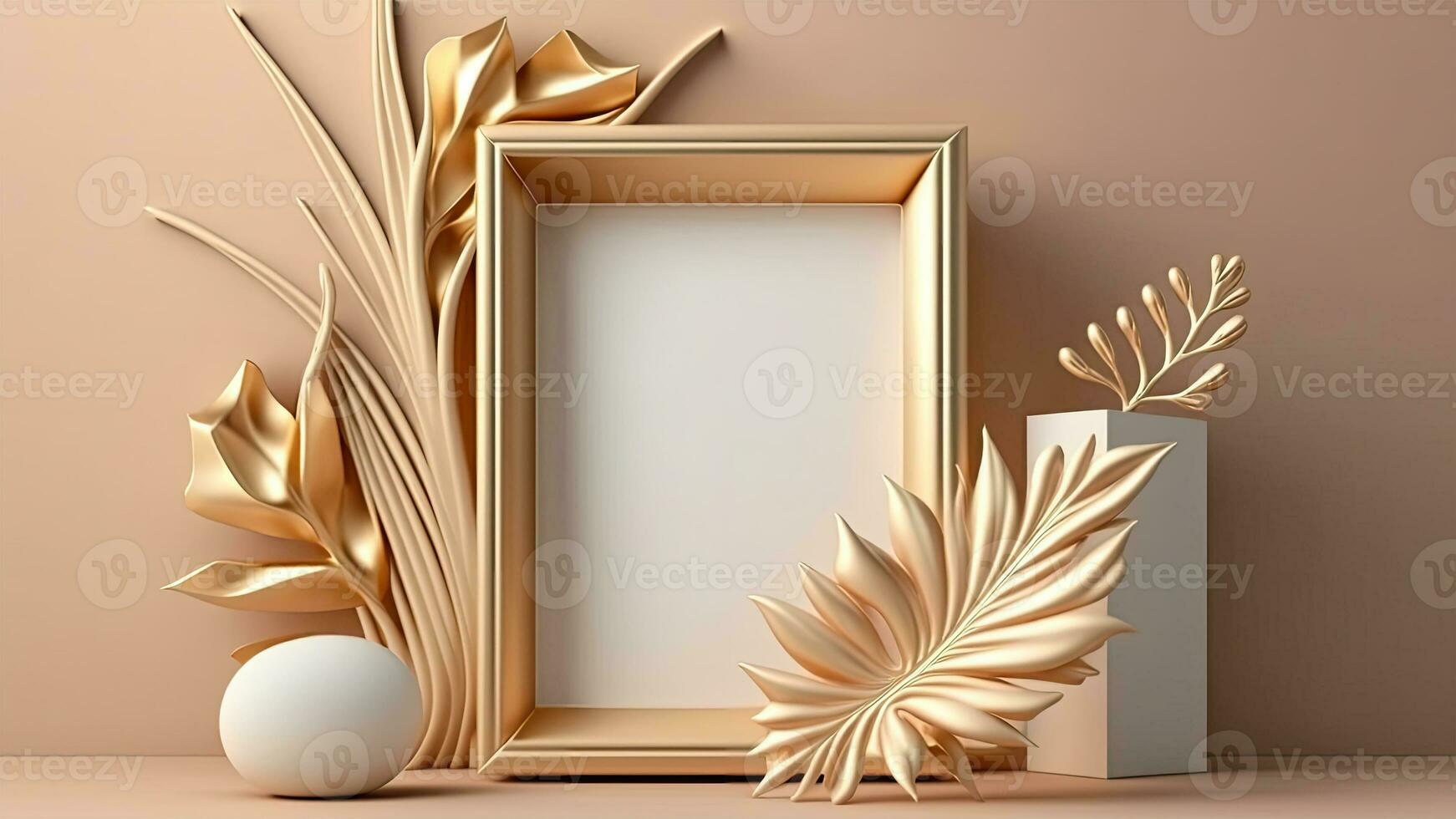 3D Render of Blank Frame Mockup With Golden Exquisite Leaves Stems, Pedestal. photo