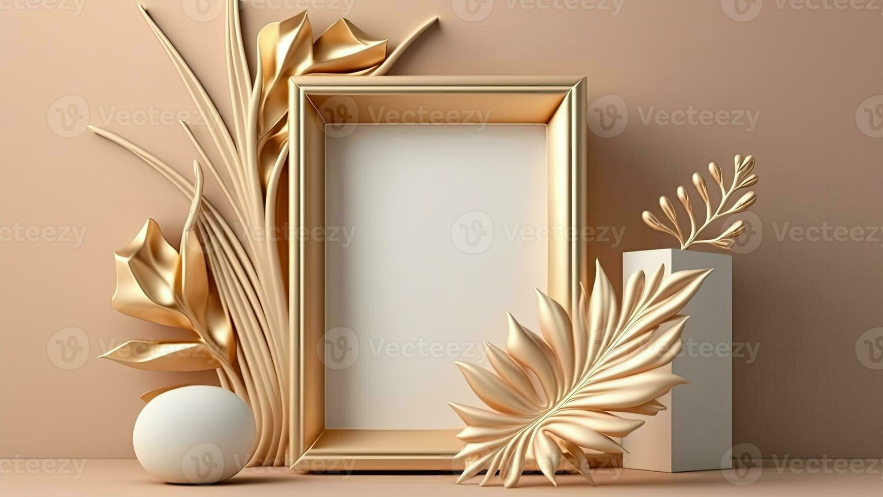 3D Render of Blank Frame Mockup With Golden Exquisite Leaves Stems, Pedestal. photo