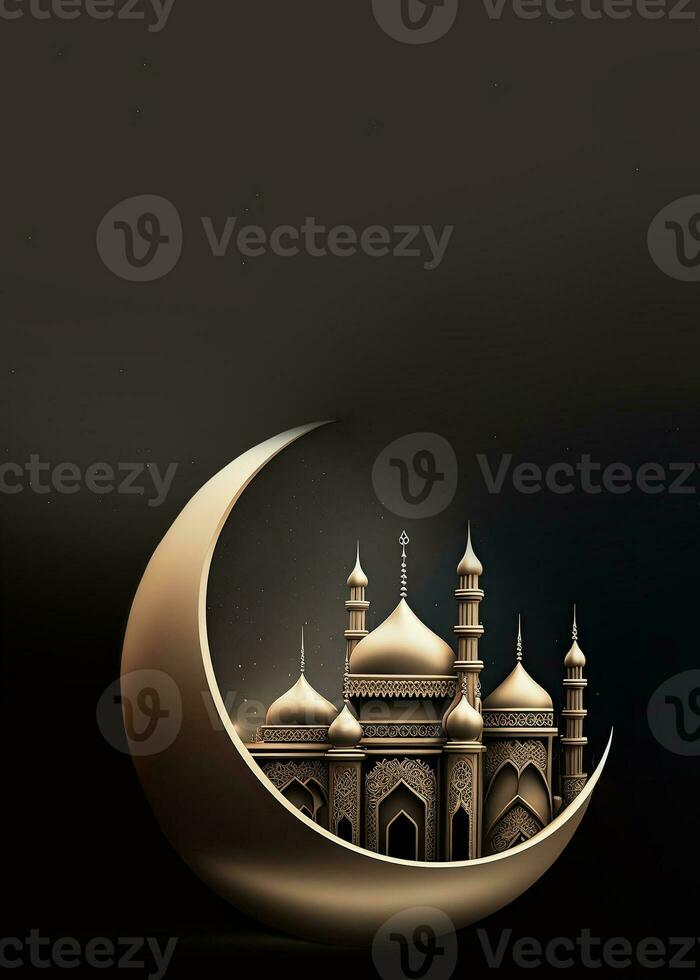 3D Render of Shiny Crescent Moon With Beautiful Carved Mosque On Night Background. Islamic Religious Concept. photo