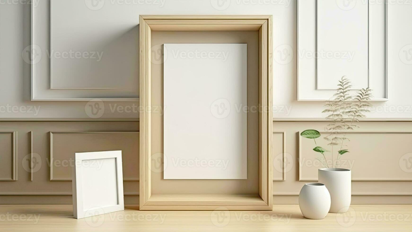 3D Render of Wooden Frames Mockup With Image Placeholder And Plant Pots On Classic Interior Wall Mockup. photo