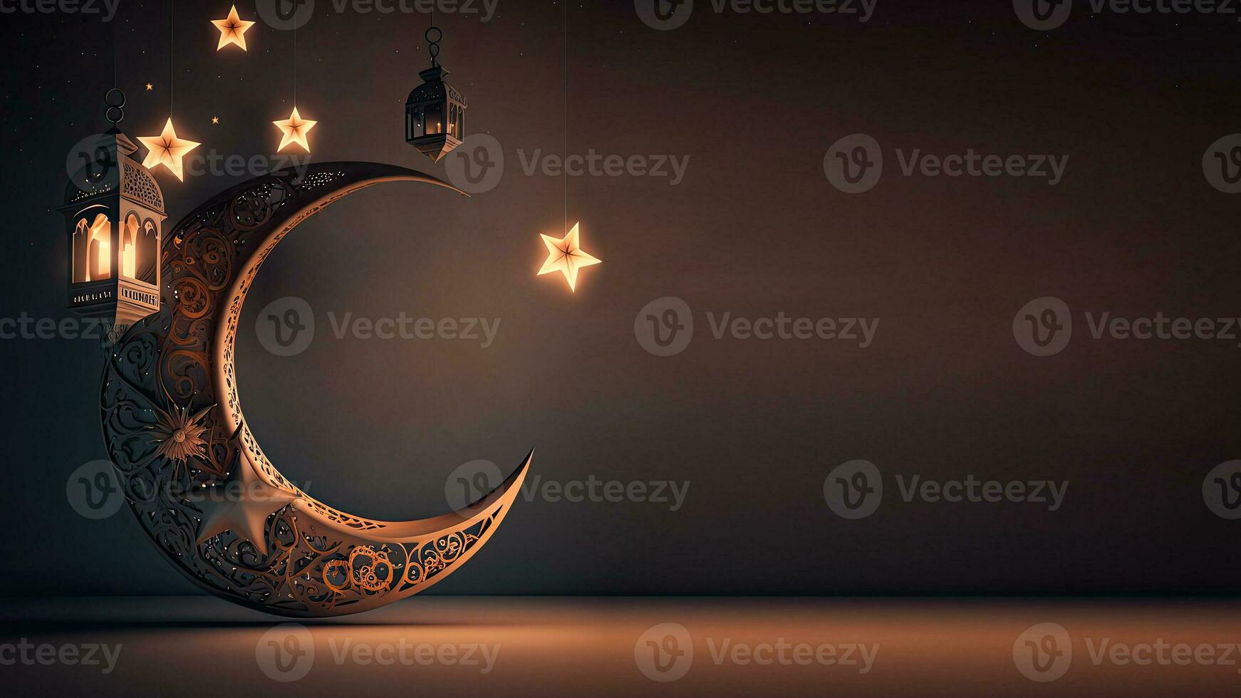 3D Render of Exquisite Crescent Moon With Hanging Illuminated Arabic Lanterns, Shiny Stars Decorated Background. Islamic Religious Concept. photo