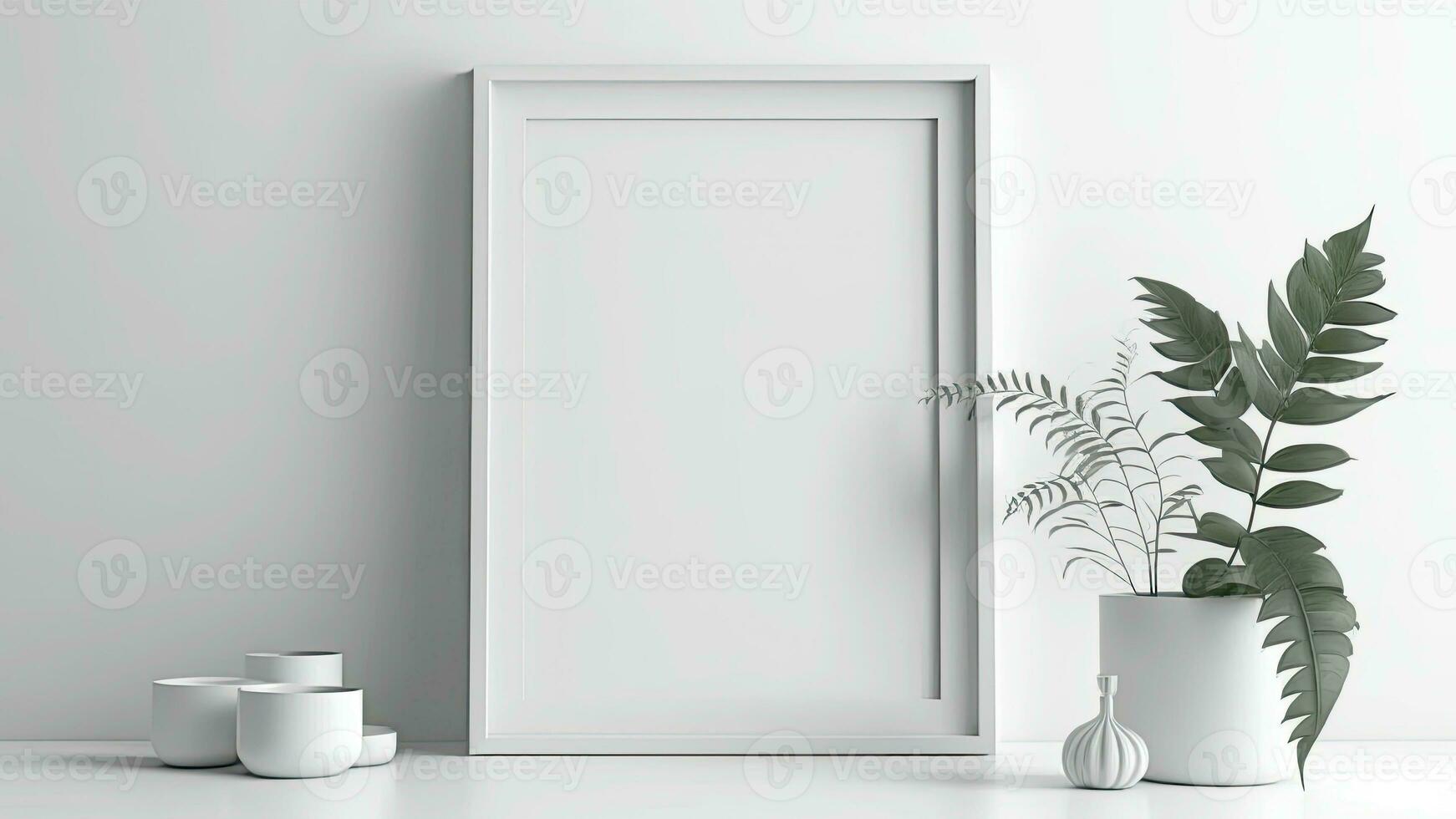 3D Composition, Blank Frame or Poster Mockup And Clay Modelling Pottery or Vase of Plant. Interior Design. photo