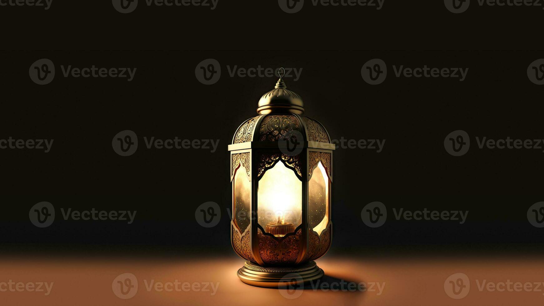 Realistic Illuminated Arabic Lantern On Dark Background. Islamic Religious Concept. 3D Render. photo