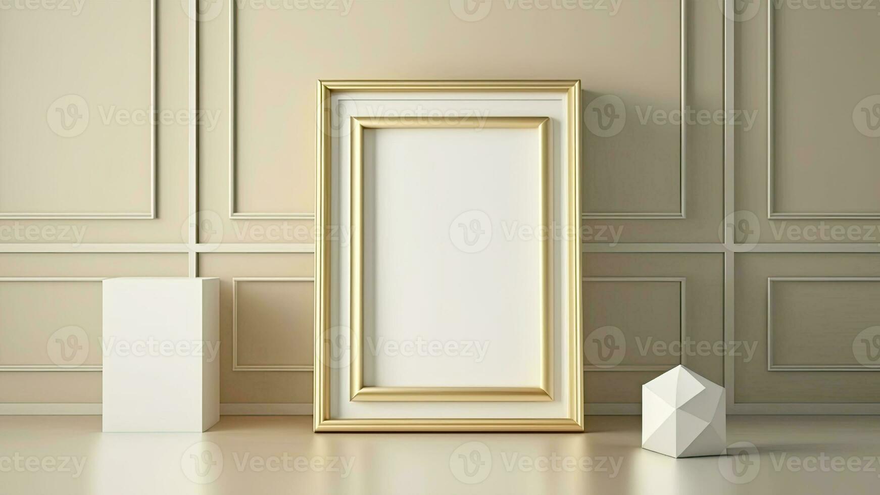 3D Render of Golden And White Photo Frame With Image Placeholder On Interior Wall Panels, Geometric Mockups.