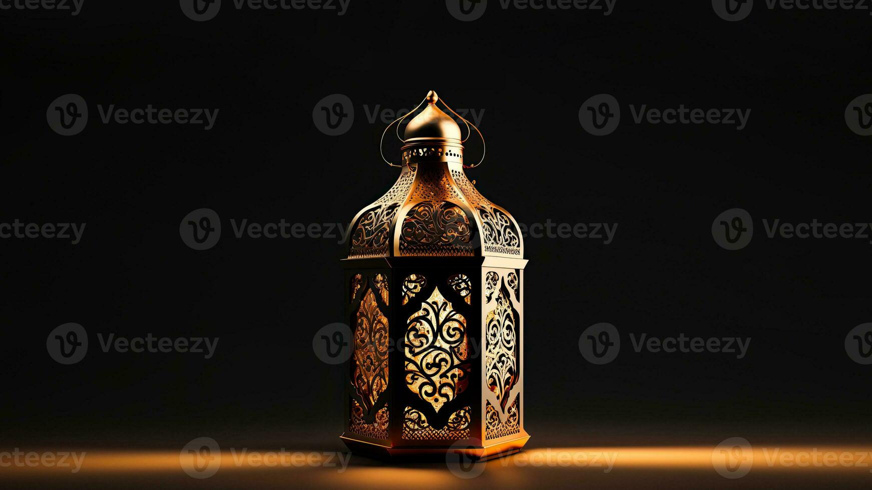 Realistic Illuminated Arabic Lantern On Black Background. Islamic Religious Concept. 3D Render. photo