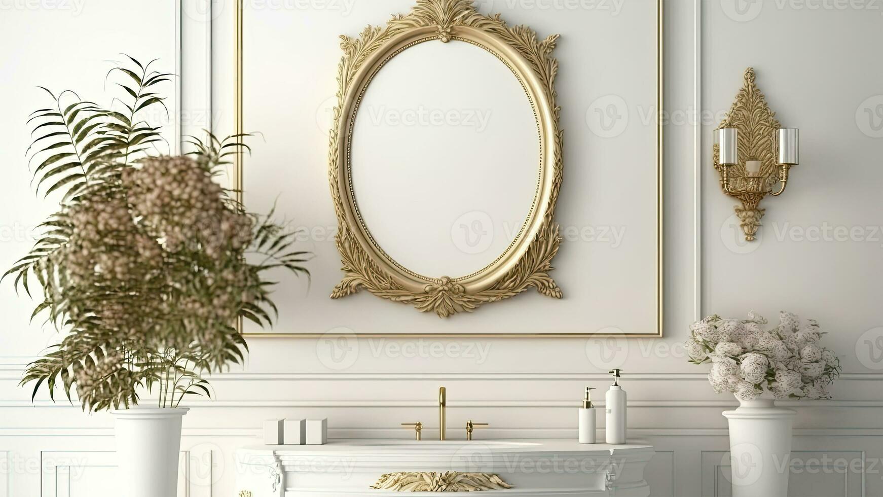 3D Composition of Golden Vintage Oval Frame or Mirror On Interior Wall, Plant Pots And Under Counter Wash Basin. photo