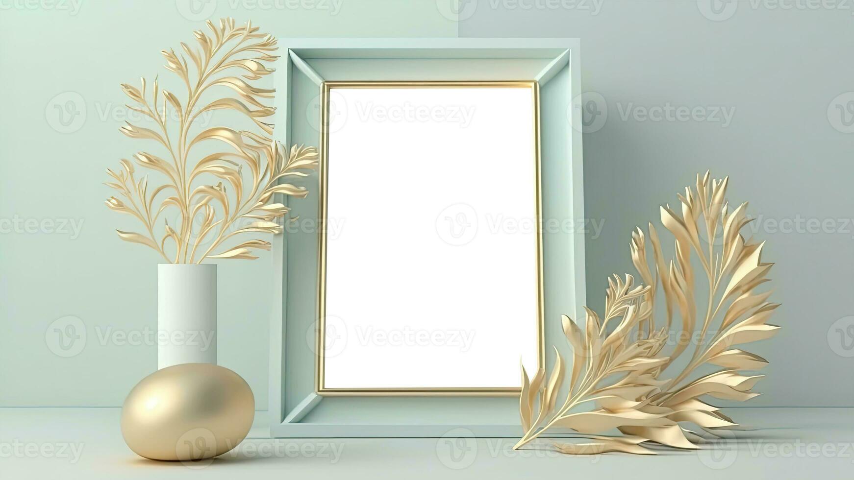 3D Render of Blank Rectangle Frame Mockup With Golden Leaves Branch, Plant Pot On Pastel Cyan Background. photo