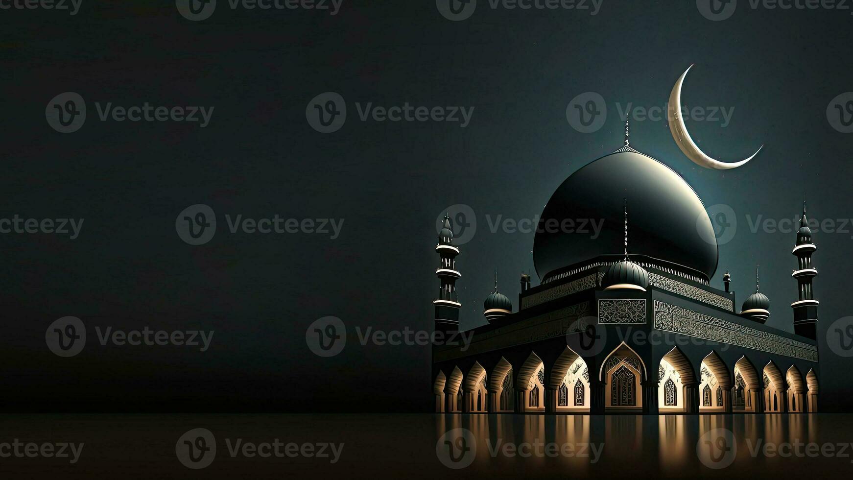 3D Render of Exquisite Mosque With Crescent Moon In Night. Islamic Religious Concept. photo