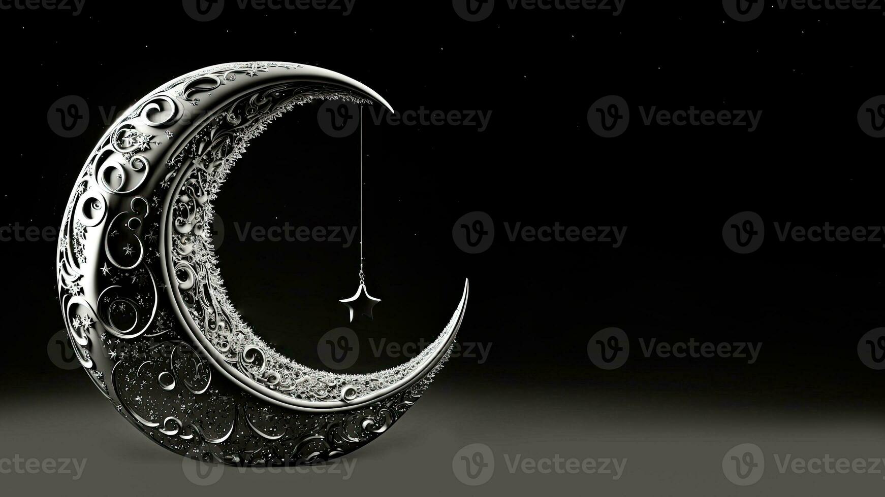 3D Render of Silver Exquisite Crescent Moon With Hanging Star On Black Background. Islamic Religious Concept. photo