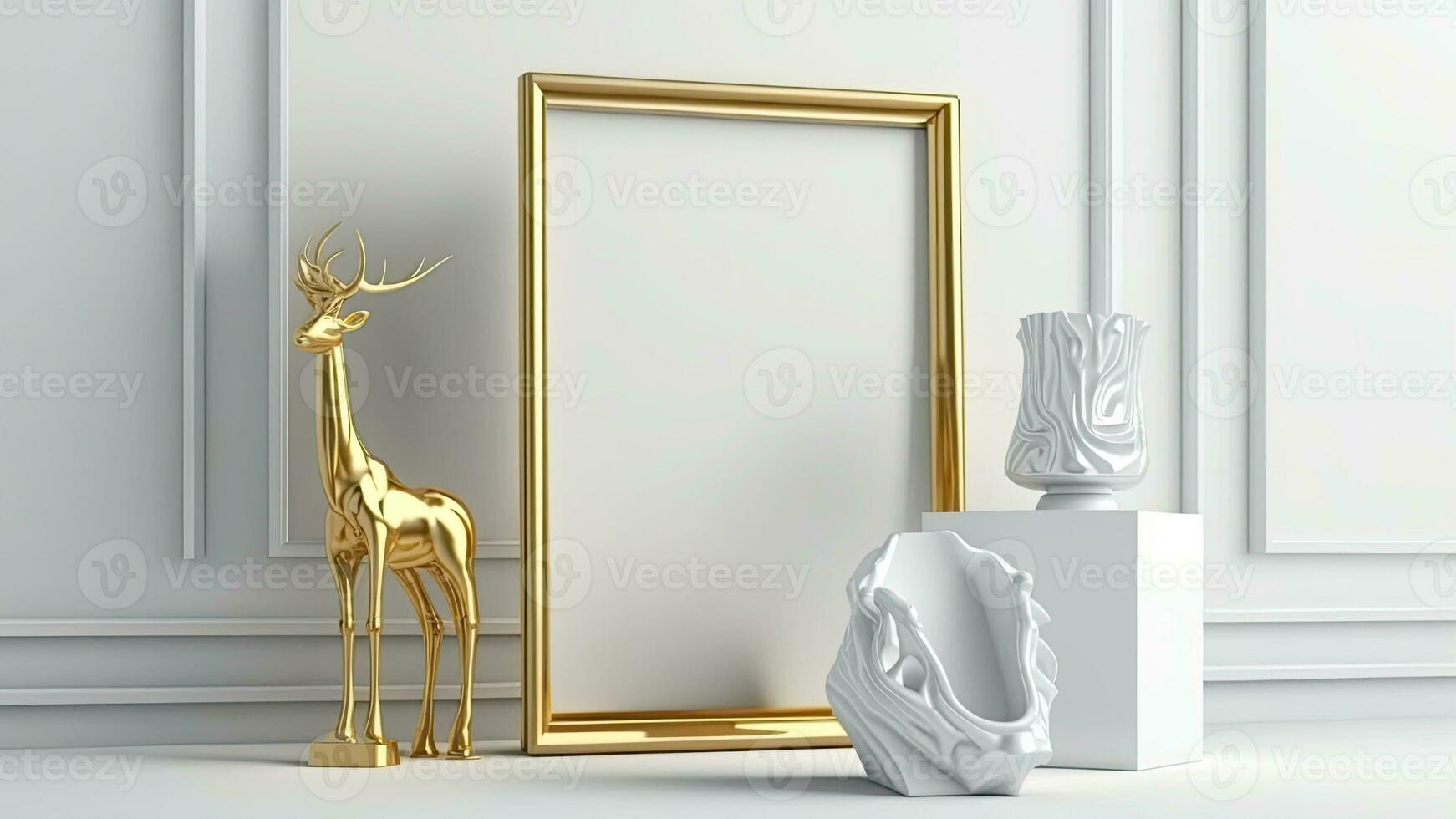 3D Render of Blank Golden Photo Frame With Reindeer Figurine, Decorative Objects On Classic Interior Wall Mock Up.