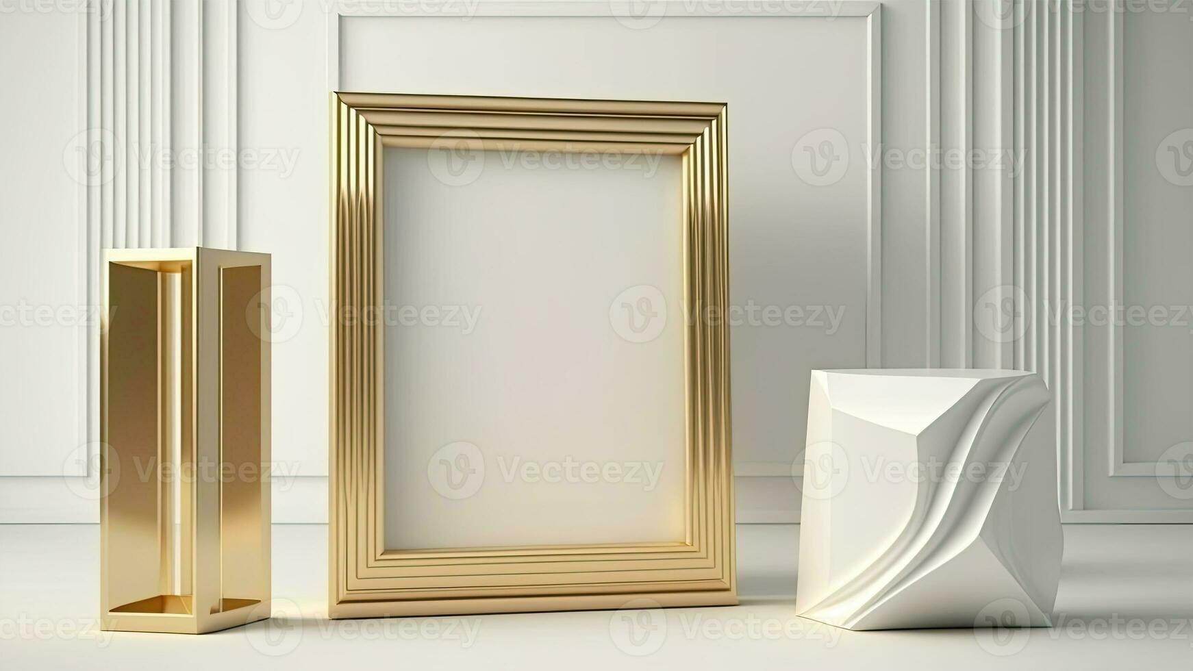 3D Render of Golden Frame Mockup With Image Placeholder, Decorative Objects On Classic Interior Wall. photo