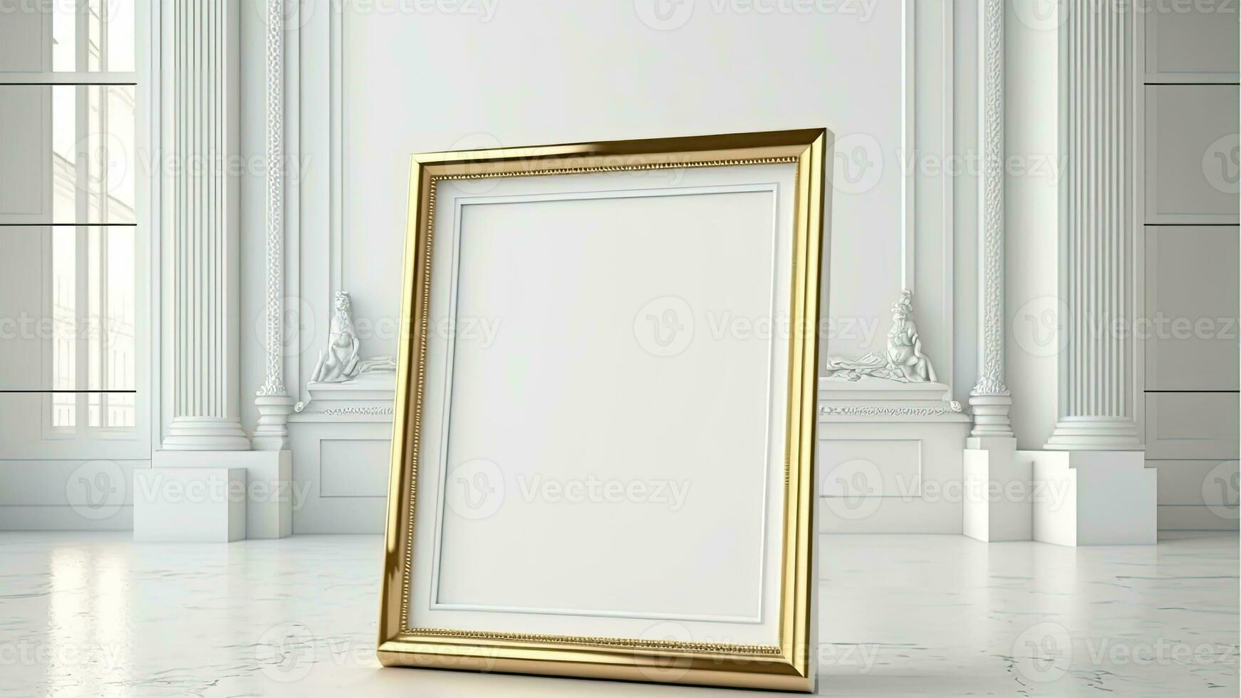 3D Render of Blank Golden Photo Frame Mockup On Floor And Classic Interior Wall.
