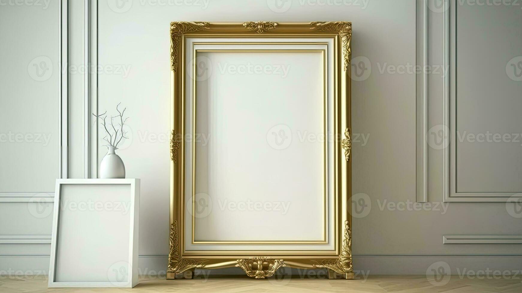 3D Render of Golden Vintage Frame With Image Placeholder And Plant Pot On Interior Wall Panels Mockup. photo