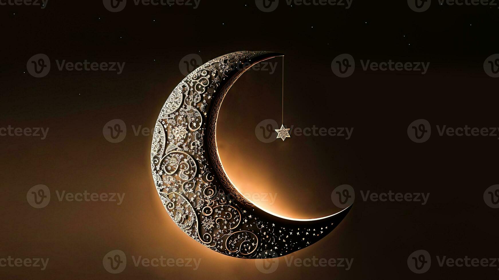 3D Render of Beautiful Carved Crescent Moon With Hanging Star On Dark Background. Islamic Religious Concept. photo