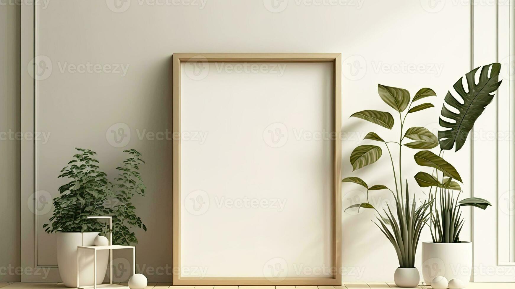 Realistic Photo Frame With Image Placeholder And Various Plant Pots On Interior Wall Mockup. 3D Rendering.
