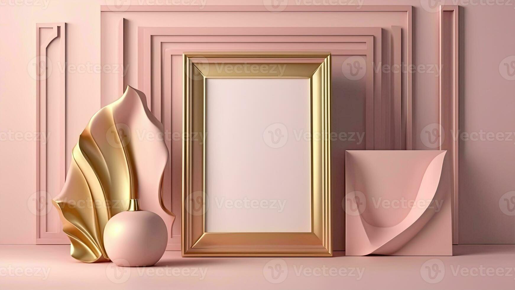 3D Render of Golden Rectangle Frame Mockup With Image Placeholder, Clay Modelling Abstract Elements On Pink Interior Wall Panels. photo