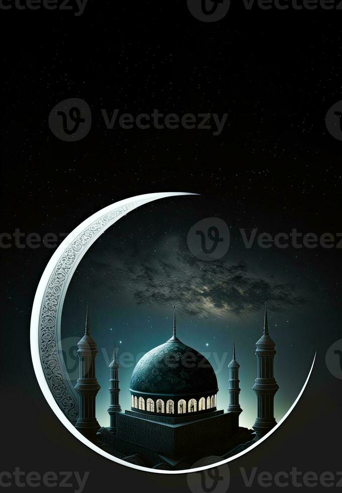 3D Render of Crescent Moon With Beautiful Mosque On Night Background. Islamic Religious Concept. photo