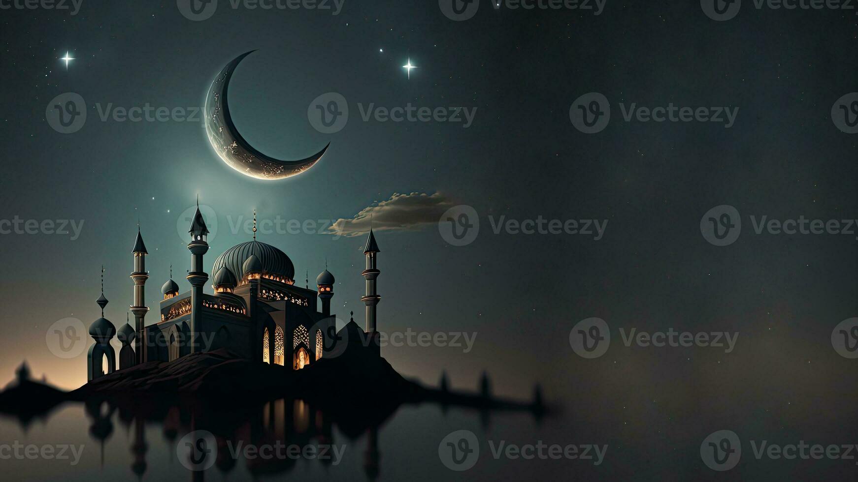 View of Mosque In Crescent Moon Night, Mosque Reflection In The Water. Islamic Religious Concept. 3D Render. photo
