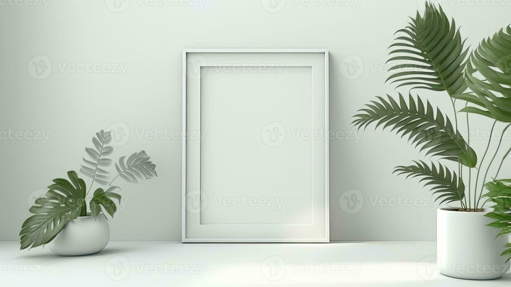 3D Composition of Frame Mockup With Image Placeholder And Palm Plant Pots. photo