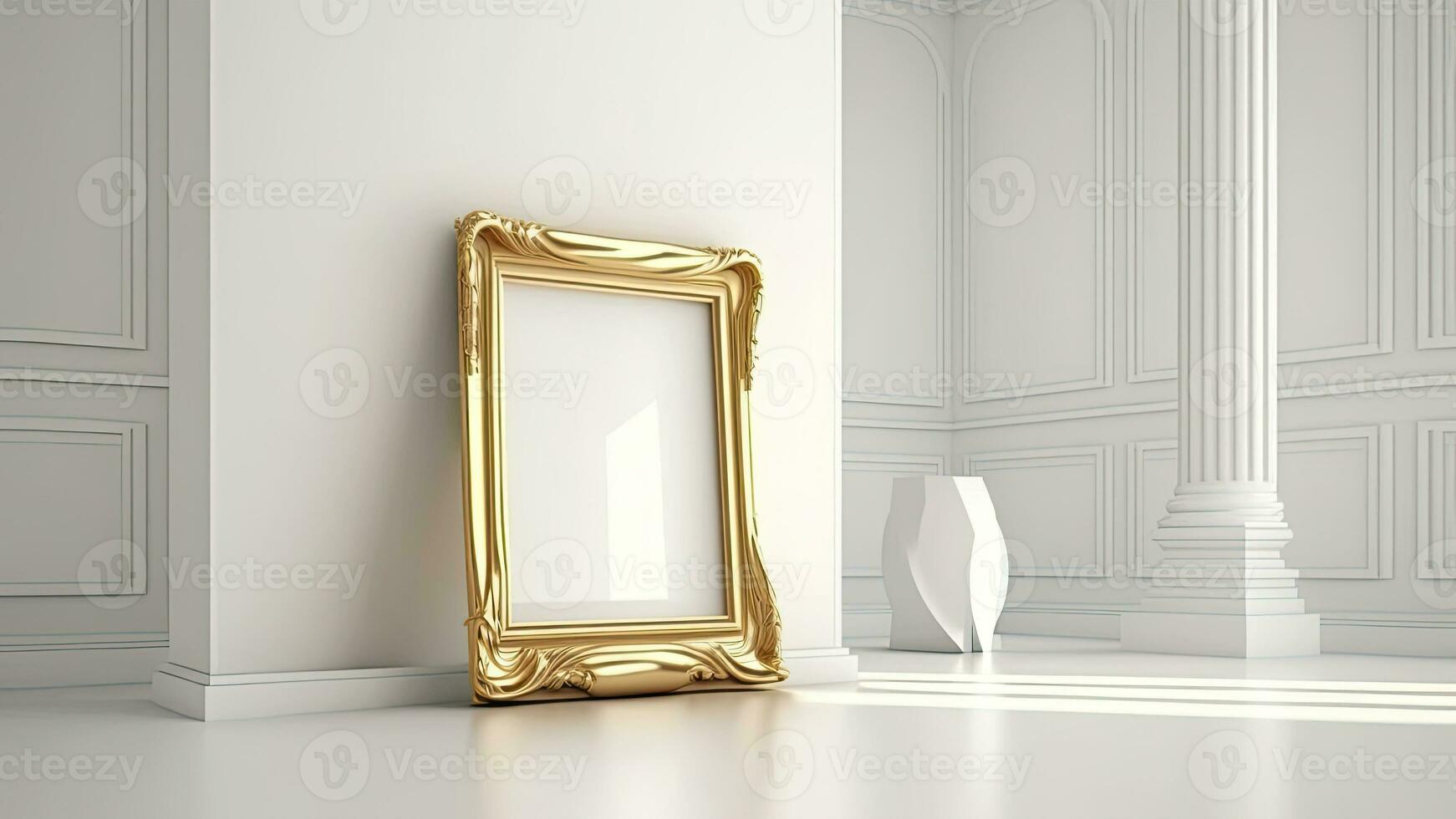 3d hacer de dorado foto marco burlarse de arriba con imagen marcador de posición en blanco clásico interior pared antecedentes y ligero efecto.