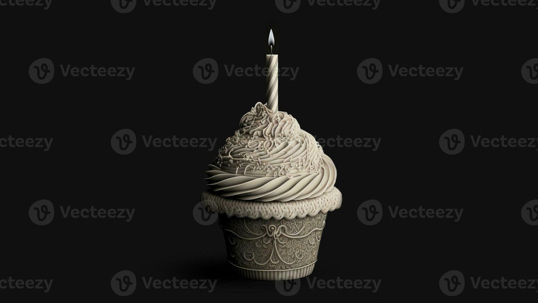 Black And White Cupcake With Lit Candle On Black Background. 3D Render. photo