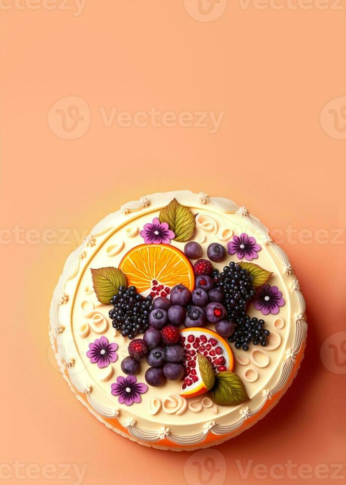3D Render, Top View of Beautiful Fruit Cake On Pastel Orange Background And Copy Space. photo