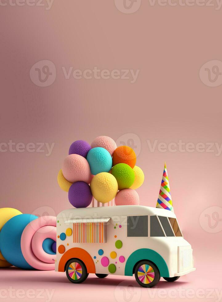 3D Render, Fantasy Colorful Food Truck of Candyland On Pink Background. photo