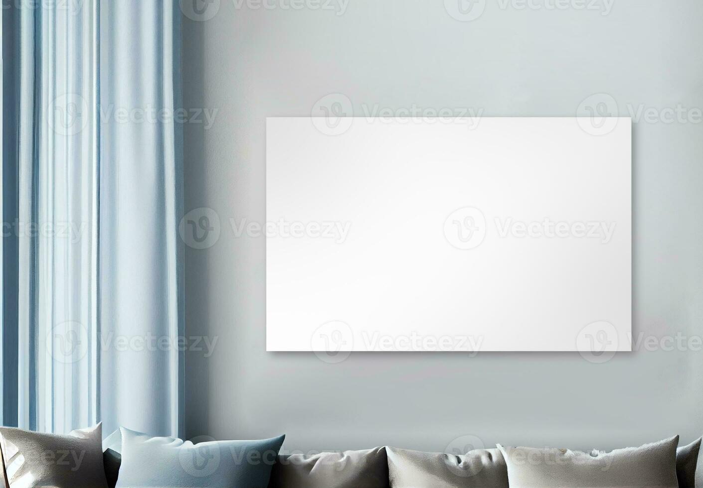 Blank White Canvas or Frame, Poster Mockup On Interior Wall Background With Curtains, Realistic Cushions. 3D Rendering Room Concept. photo