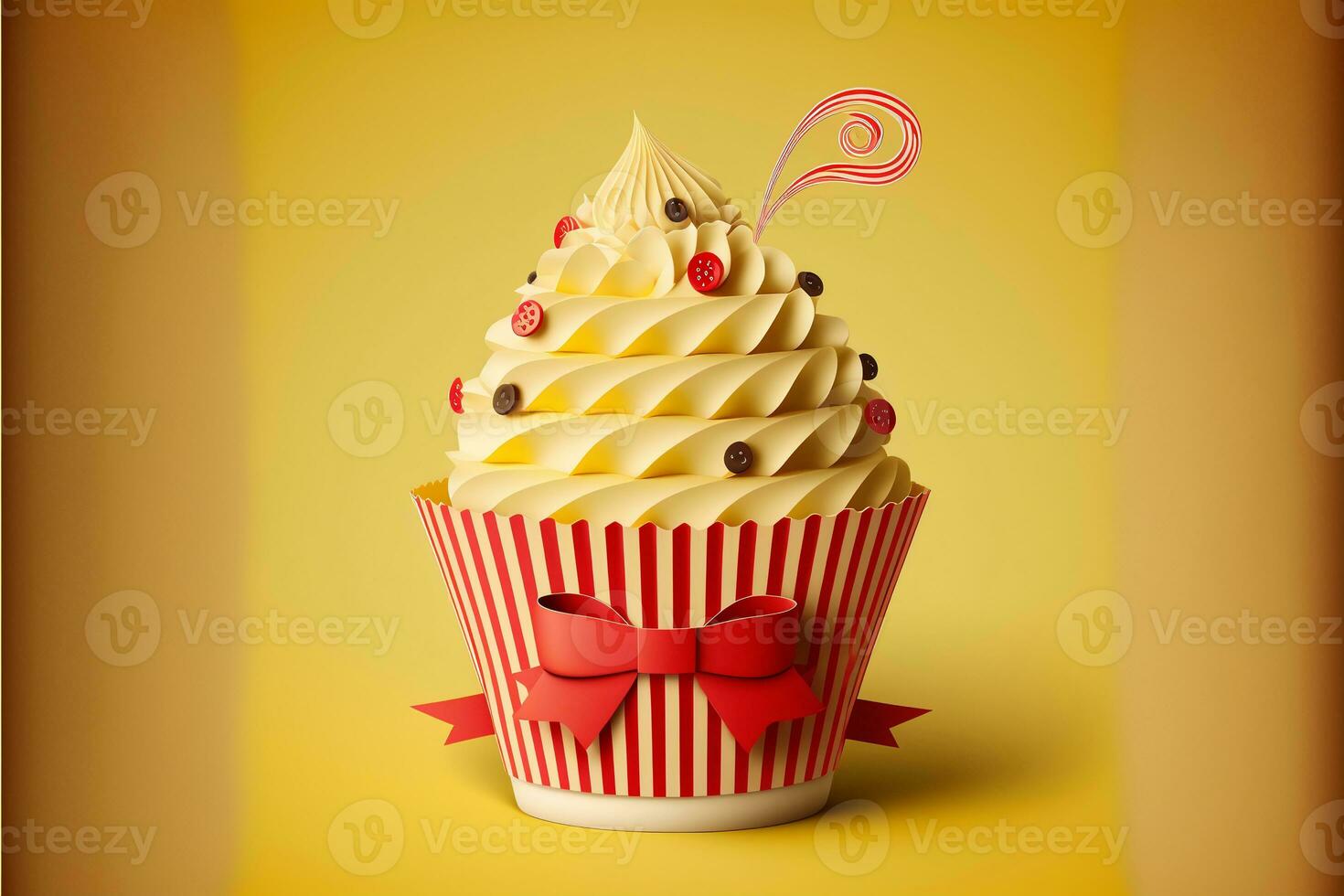 Paper Cupcake With Red Bow Ribbon On Yellow Background. 3D Render. photo