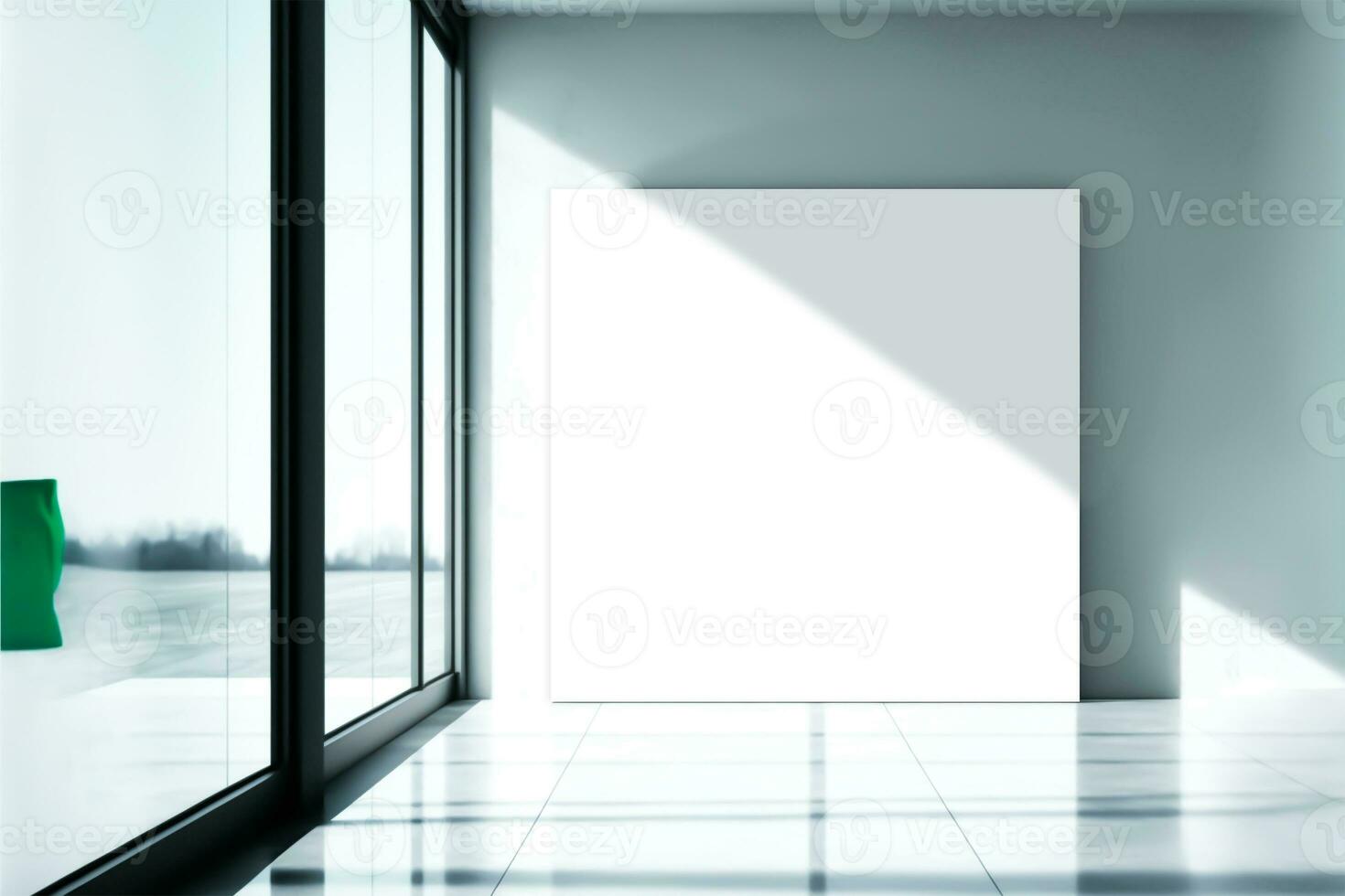 Sunlight Reflection On Interior Wall With Blank Canvas or Frame Through Glass Door or Window Mockup. 3D Rendering. photo