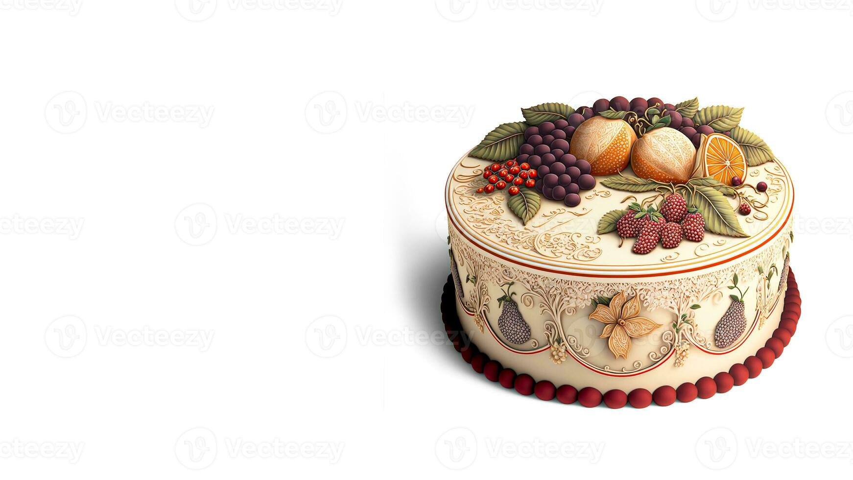 3D Render, Realistic Beautiful Cake Decorated With Fruits. photo