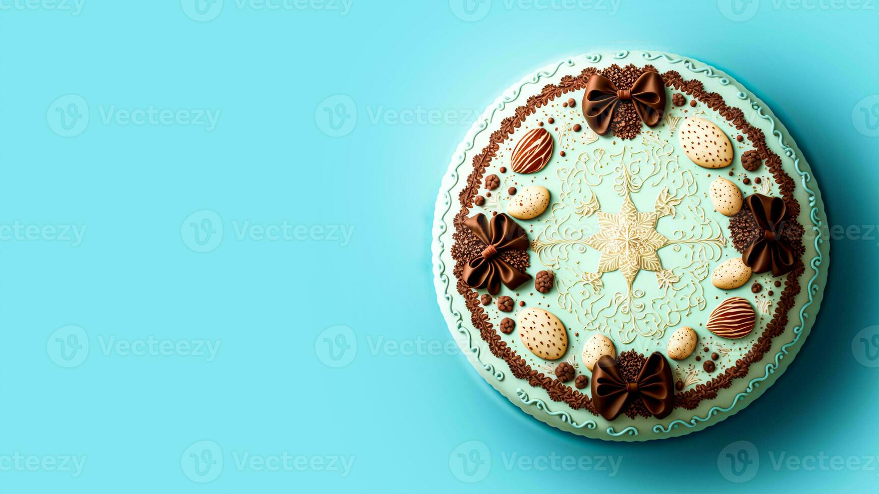 Top View of Realistic Cake With Beautiful Icing Blue Background. 3D Render. photo