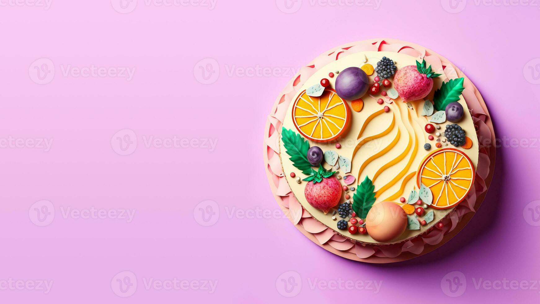 3D Render, Top View of Beautiful Fruit Cake On Pastel Purple And Orange Grunge Background. photo