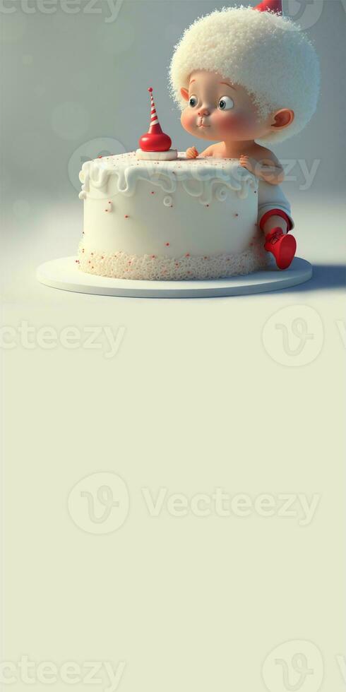3D Render, Baby Birthday Cake With Toy On Glossy Light Gray Background. photo