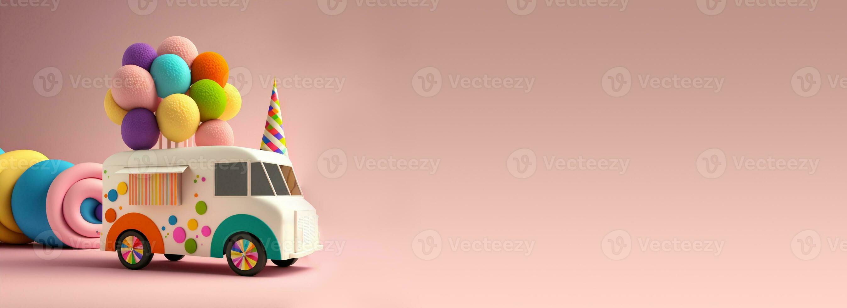 3D Render, Fantasy Colorful Food Truck of Candyland On Pink Background And Copy Space. photo