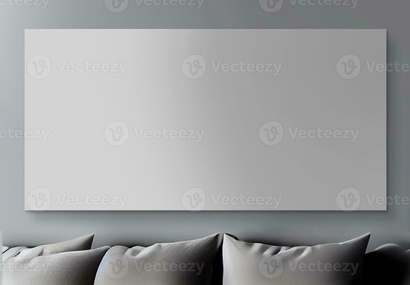 3D Render of Blank Canvas or Display, Banner Mockup And Gray Cushions. photo