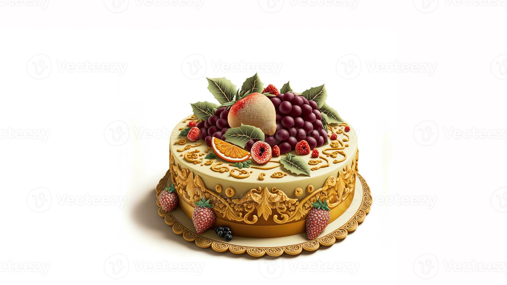 3D Render, Beautiful Cake Decorated With Fruits. photo