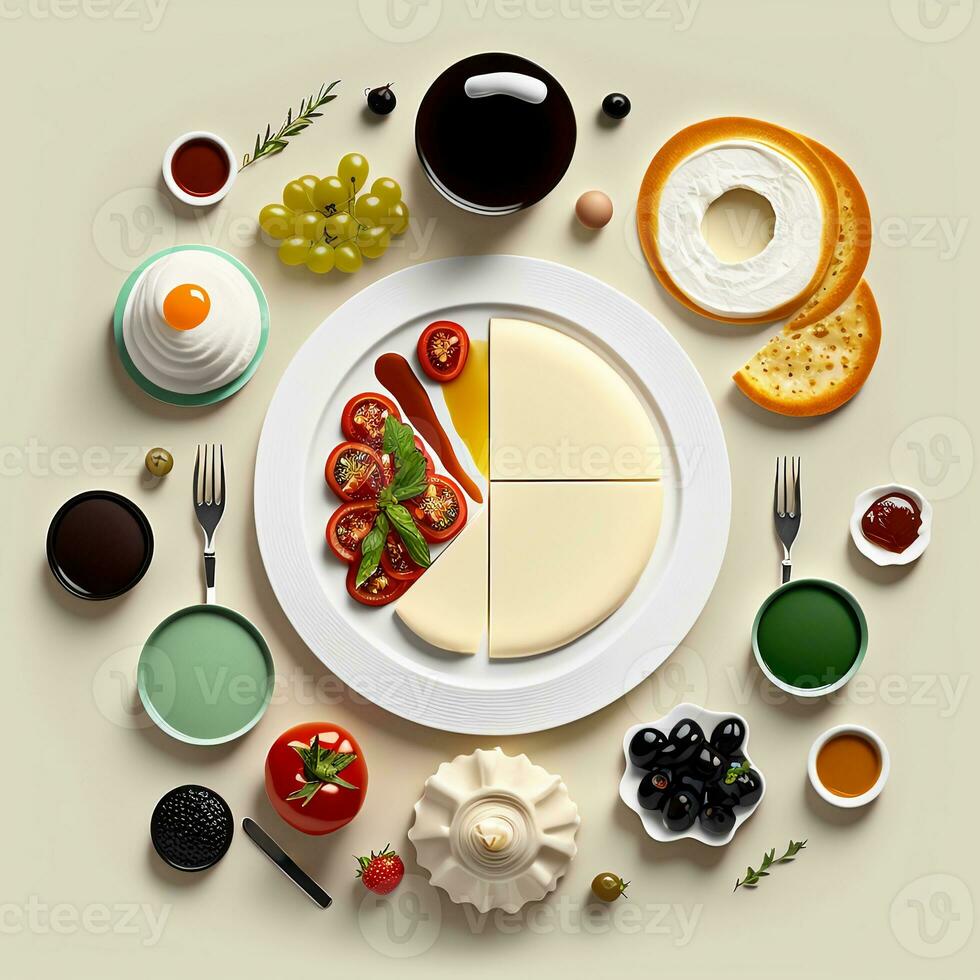 Top View Of Presented Breakfast Platter In 3D Rendering. photo