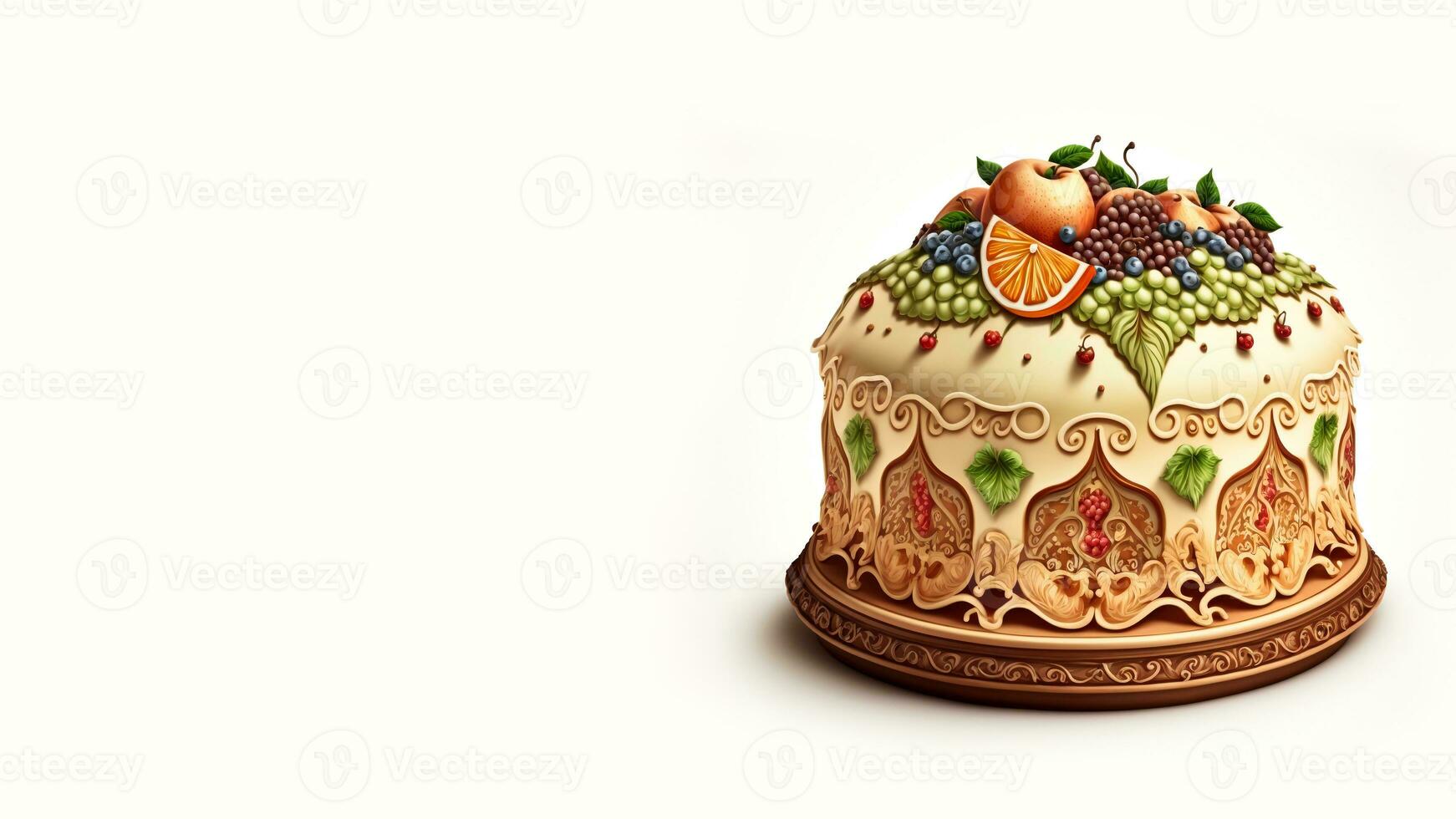 3D Render, Beautiful Decorative Fruit Cake. photo