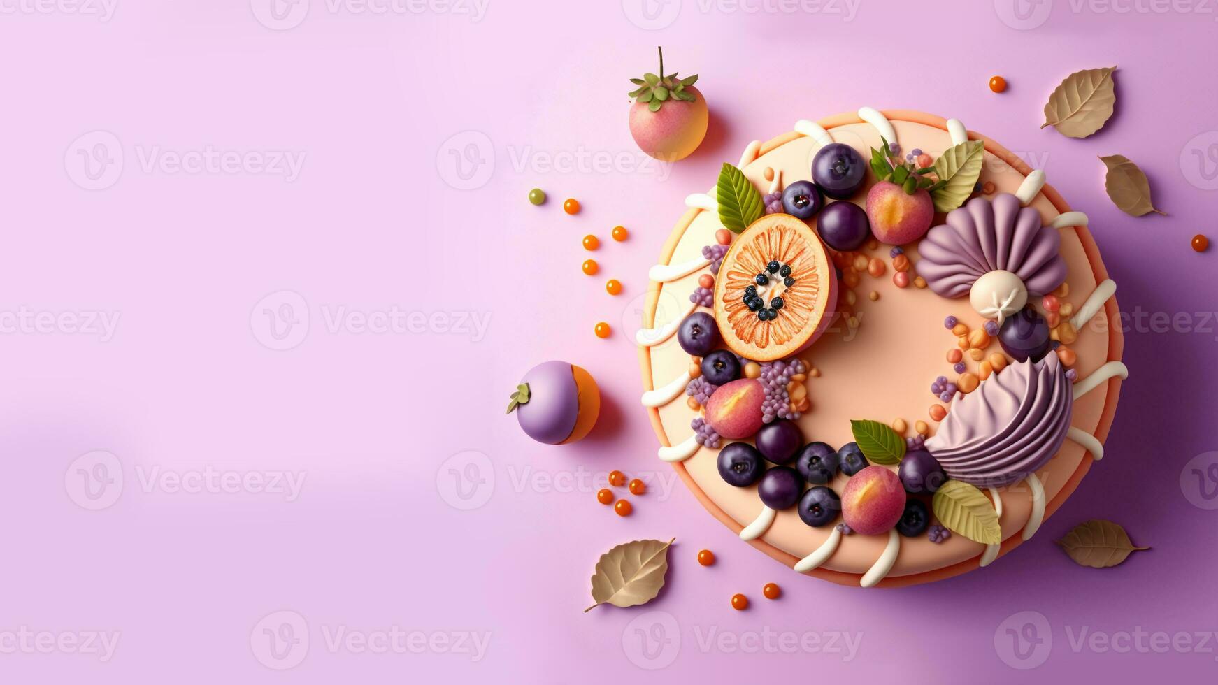 3D Render, Beautiful Cake Decorated With Fruits On Light Purple Background. photo