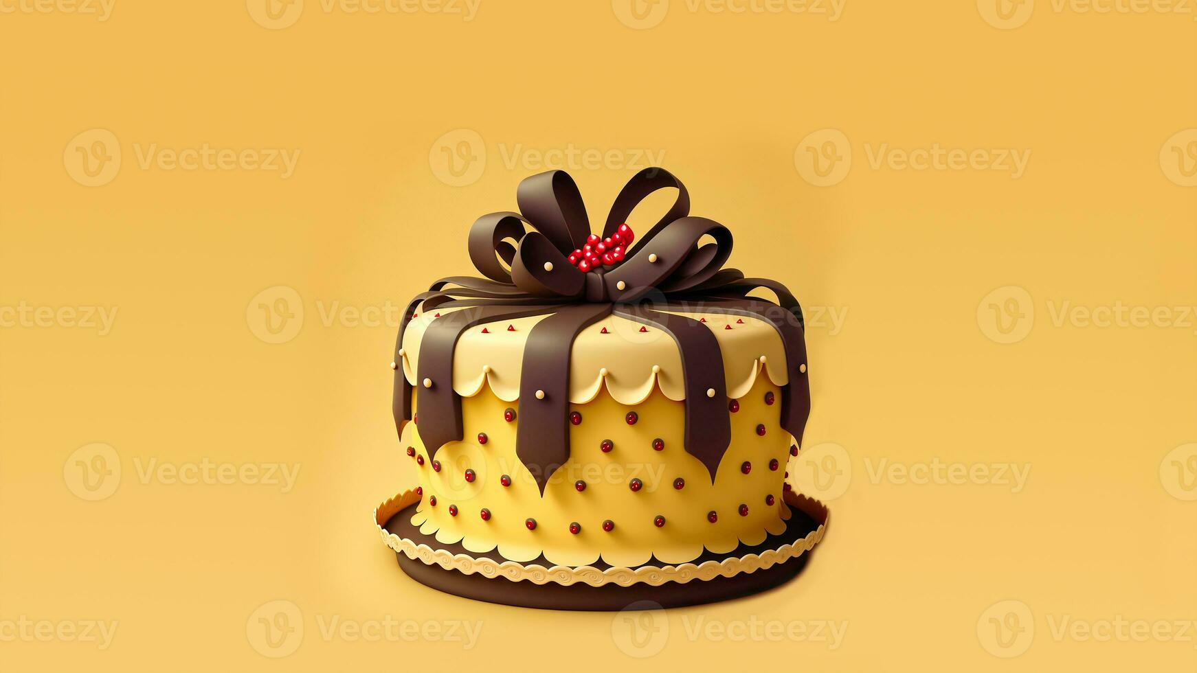 3D Render, Beautiful Colorful Cake With Chocolate Loopy Bow. photo