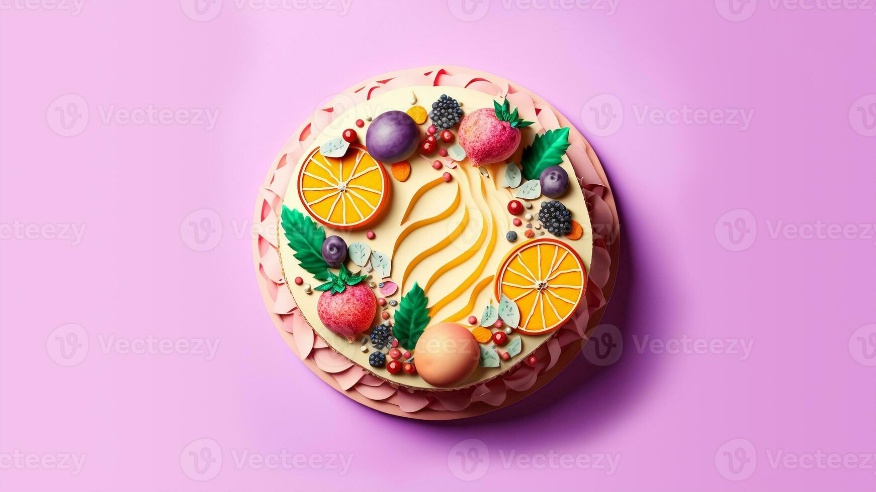 3D Render, Top View of Beautiful Fruit Cake On Pastel Purple And Orange Grunge Background. photo