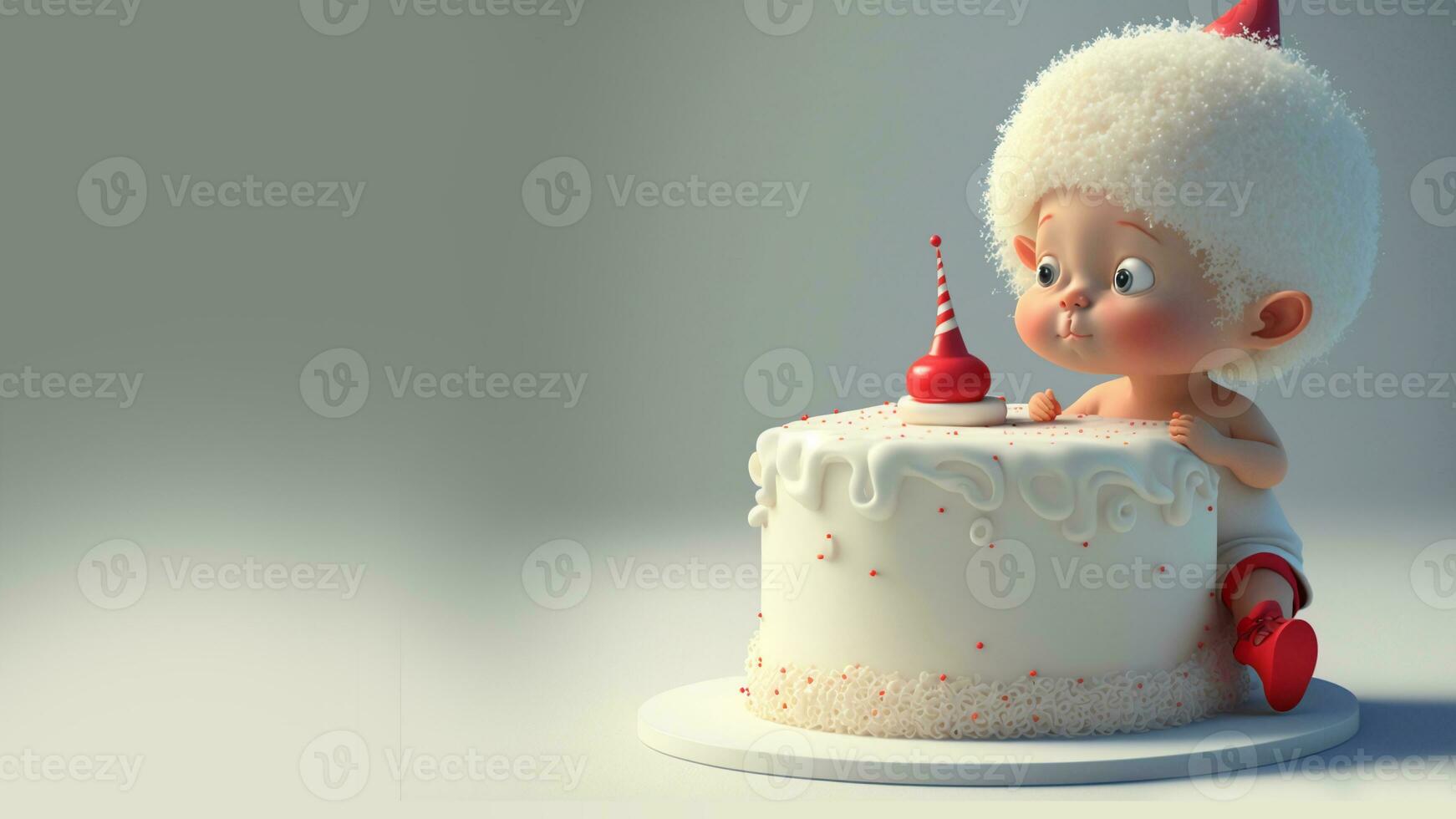 3D Render, Baby Birthday Cake With Toy On Glossy Light Gray Background. photo