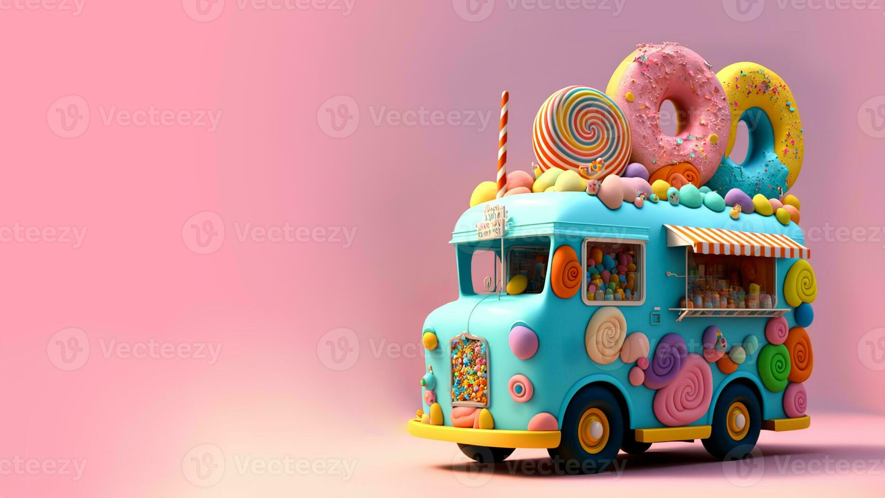 3D Render, Fantasy Colorful Food Truck of Candy Land Against Colorful Background. photo